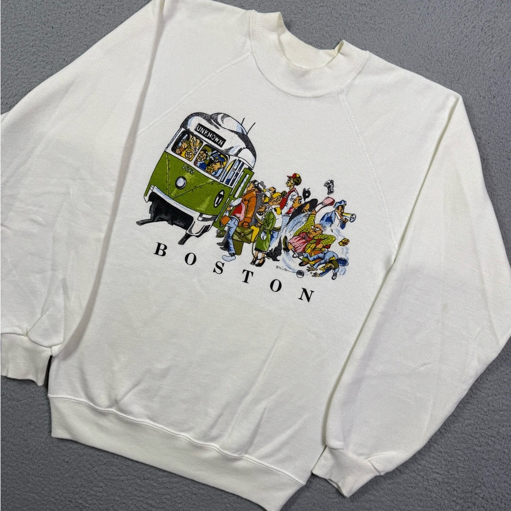 American Vintage White Sweatshirt with Green & Multicolor Boston Graphic